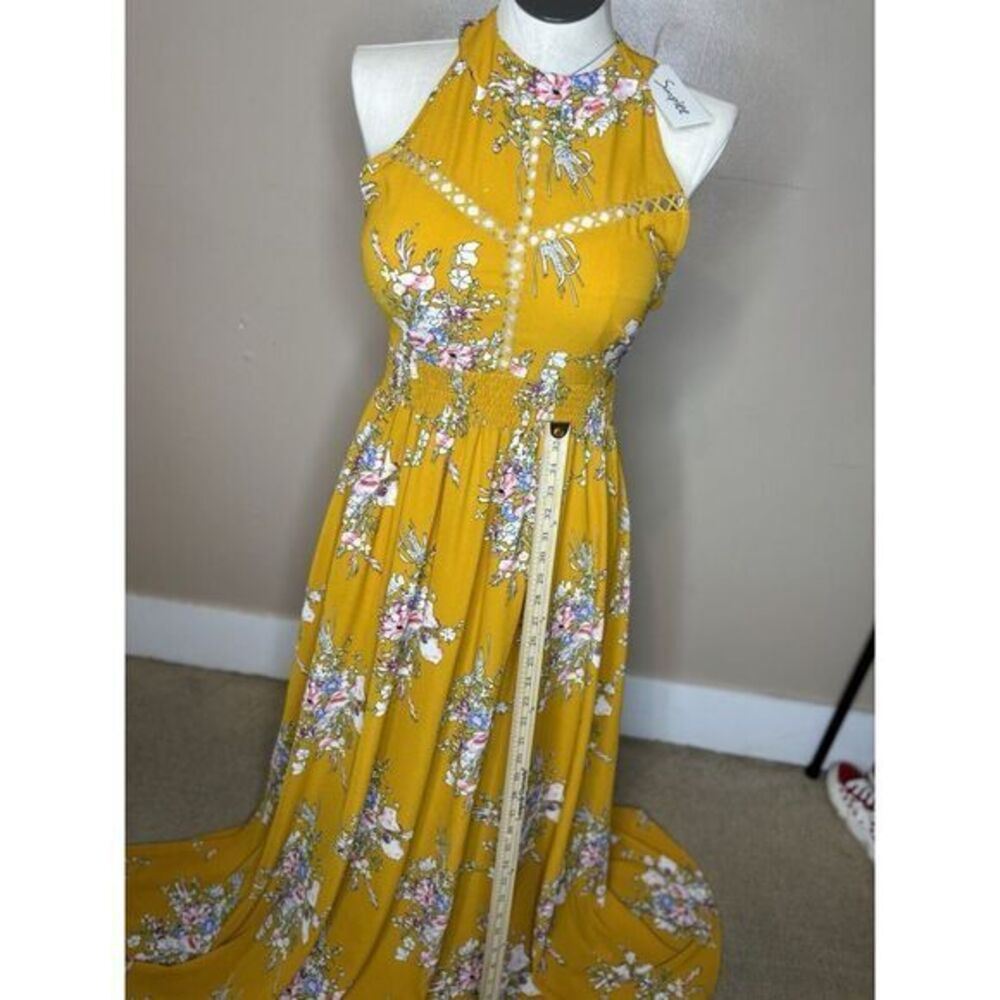Women's Simplee Yellow Floral Smocked Waist Long Dress Size Large